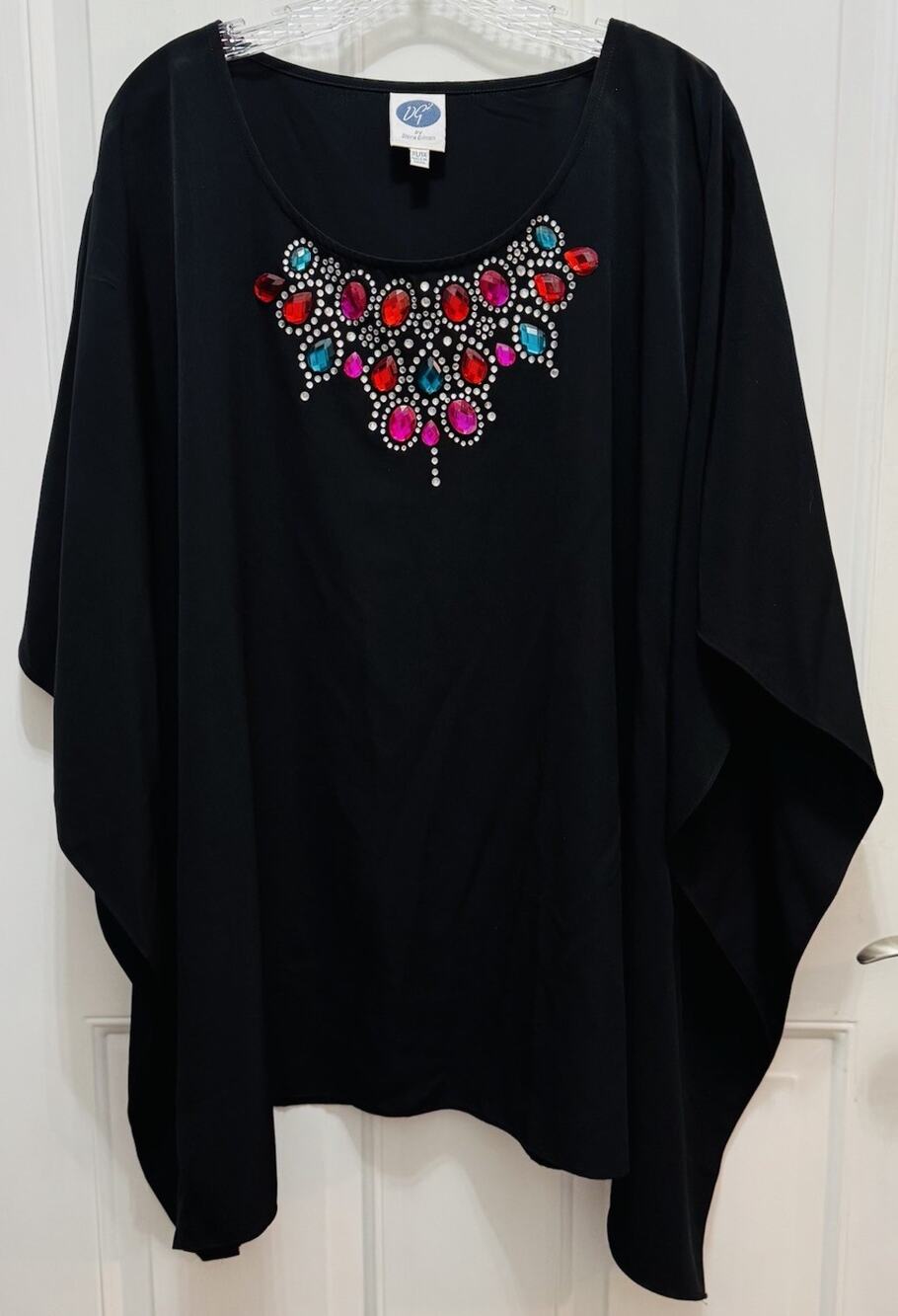 DG2 Diane Gilman Knit Rhinestone Embellished Batwing Sleeve Top Size XL/1X Black